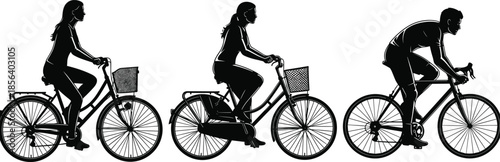 Bicycle silhouettes set, people riding bikes, man and woman cycling, urban transport vector illustration, active lifestyle icons, outdoor sports activity, city commuting,