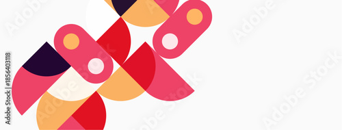 Abstract shapes overlap, creating vibrant composition. Colors include pinks, oranges, purples, white space dominates design. Modern aesthetic.