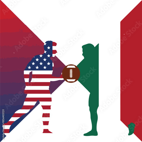 American Football Matchup USA vs Mexico with Player Silhouettes Representing National Flags , Generative Ai