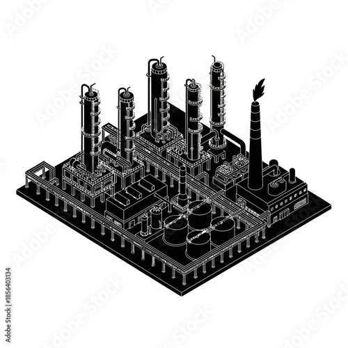 Isometric black and white illustration of a large industrial oil refinery or chemical plant with multiple towers and storage tanks.