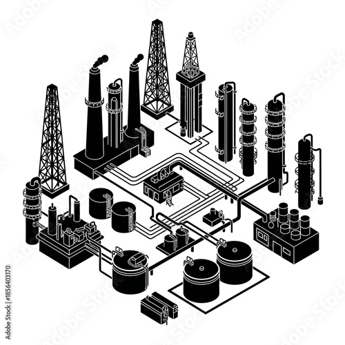 Isometric black and white illustration of an industrial oil refinery or chemical plant with various structures and pipelines.