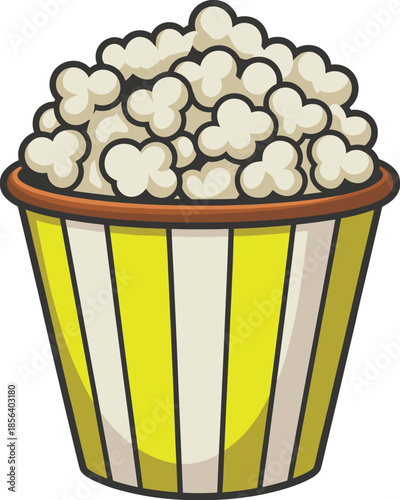 Yellow popcorn bucket illustration, cute cinema snack icon with striped box, tasty movie food cartoon vector isolated on white