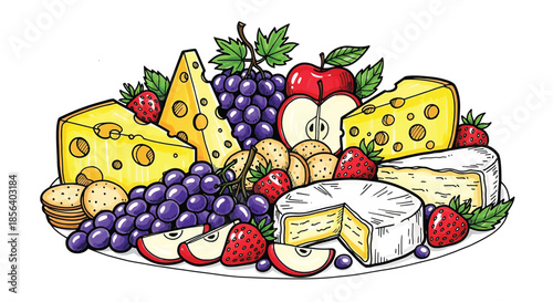 Gourmet Cheese and Fruit Platter Illustration - Assorted Grapes, Apples, Strawberries and Cheese Slices Vector Art