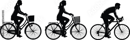 Bicycle silhouettes set, people riding bikes, man and woman cycling, urban transport vector illustration, active lifestyle icons, outdoor sports activity, city commuting,