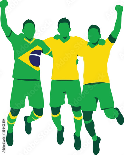Three Brazilian Football Players Celebrating Together in Yellow and Green Uniforms Isolated on White , Generative Ai