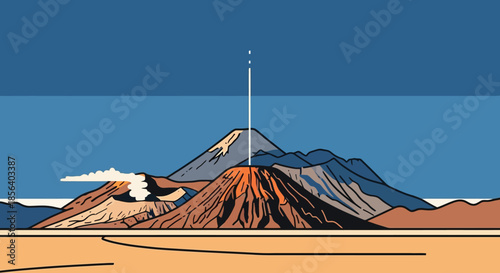 Stylized Volcanic Eruption with Glowing Beam and Minimalist Mountain Landscape