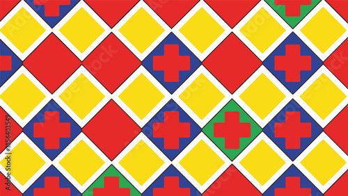 Vibrant abstract seamless pattern featuring a dynamic grid of colorful geometric diamonds and stylized crosses in a modern digital illustration.