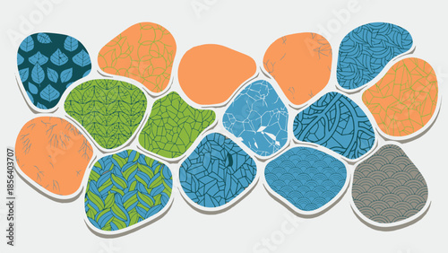 Harmonious arrangement of abstract organic shapes showcasing various nature-inspired patterns and textures in a modern graphic illustration