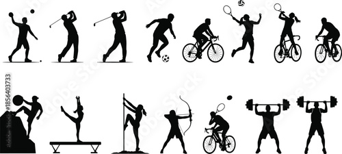 Silhouette collection of people playing different sports including golf, tennis, soccer, cycling, weightlifting, gymnastics and archery, athlete characters set for summer games fitness,