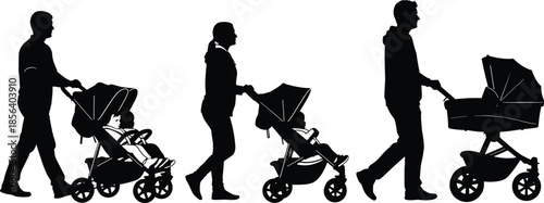 Silhouette of a group of active people riding bicycles with dogs on leashes, parents pushing baby strollers, healthy outdoor summer recreation, transportation, family.