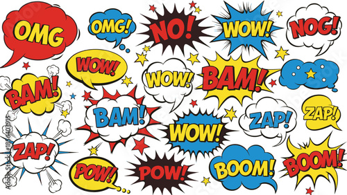 Dynamic Comic Book Sound Effects and Speech Bubbles Pattern, Vibrant Exclamations like WOW, BAM, ZAP for a Playful Background Graphic