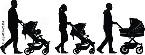 Silhouette of a group of active people riding bicycles and walking dogs on leashes, including a family, healthy outdoor summer recreation, transportation.