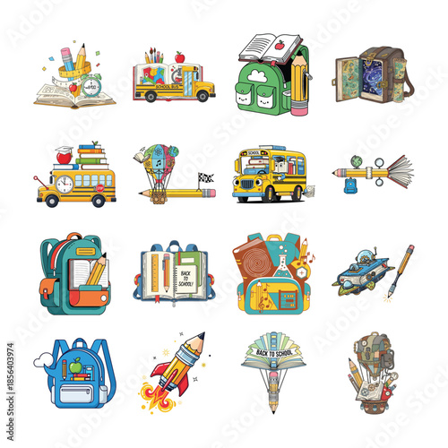 Pixel art collection of school supplies and vehicles