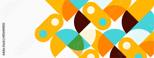 Abstract geometric shapes overlap, creating vibrant pattern. Colors include orange, blue, brown, green, yellow. Minimalist design.