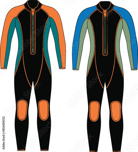 Colorful Wetsuit Vector Illustration Set Featuring Full Body Diving Suit Technical Flat Sketch for Watersports Scuba and Surfing Apparel Design