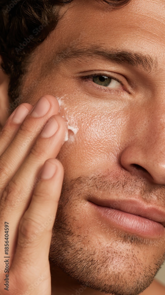 Obraz premium Young man applying moisturizing cream on his cheek, hydrating and protecting facial skin for a healthy glow, representing daily male grooming and self care routine