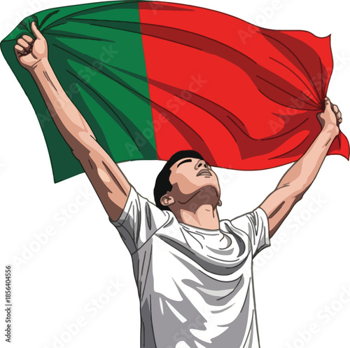 Passionate Supporter Raising the Portugal National Flag in Celebration of a Soccer Match Victory Illustration , Generative Ai