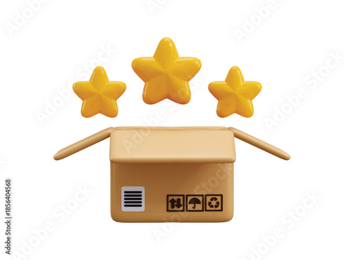 Product review icon 3d render concept of cardboard open package box with tape label and three golden stars icon vector illustration