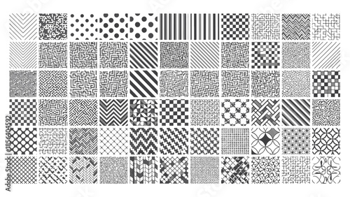 Showcasing a diverse compilation of abstract monochrome digital patterns in a grid arrangement for graphic design purposes