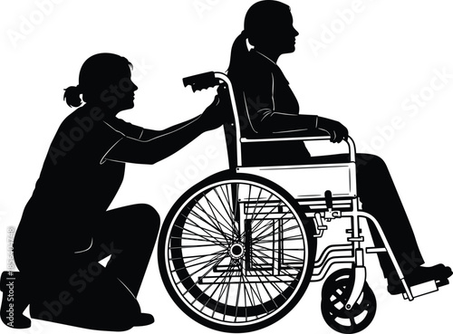 Silhouette of caregiver pushing wheelchair user, disability assistance concept, healthcare support, compassion, rehabilitation, accessibility, home care vector illustration, social, 