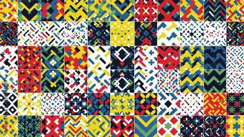 Colorful grid composition showcasing an array of pixelated geometric designs, forming a dynamic and modern abstract illustration for digital art.