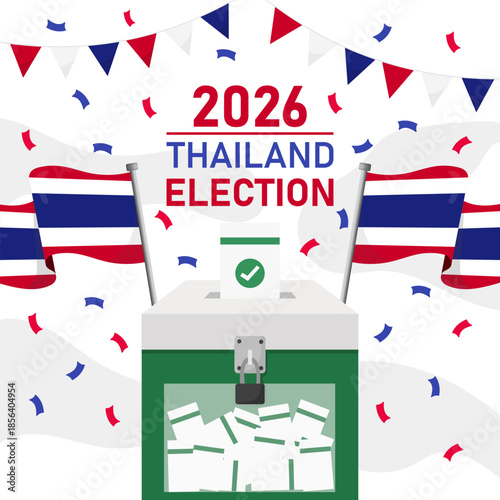 Thailand elections 2026. ballot box and thailand flags on white background
