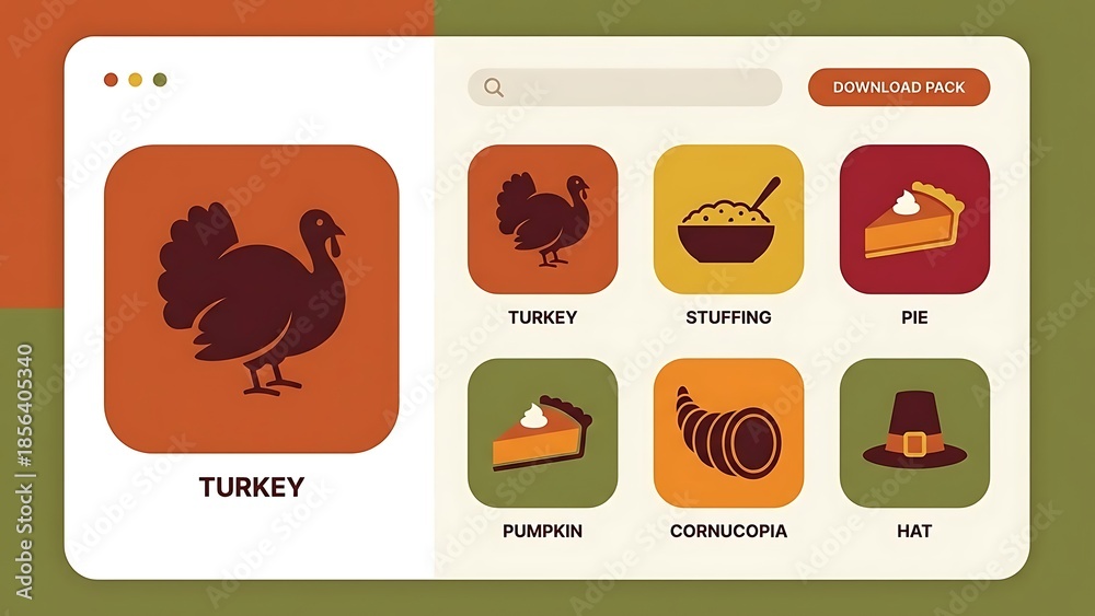 Fototapeta premium Thanksgiving Icon Collection with Turkey Stuffing Pie Cornucopia