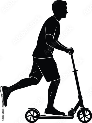 Silhouette of man riding kick scooter, urban transportation concept, eco friendly mobility, active lifestyle, modern commuting, speed, balance vector illustration