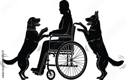 Silhouette of wheelchair user assisted by trained service dogs, disability support concept, therapy animals helping mobility, independence, care illustration vecto