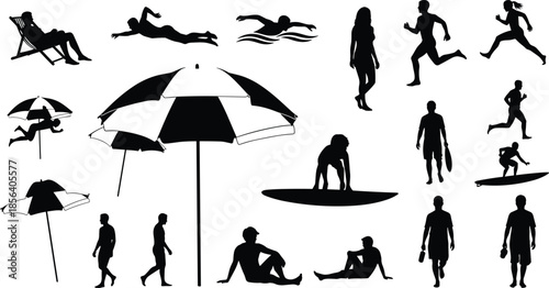 Summer beach activity silhouettes set, people swimming running surfing and relaxing under umbrella vector illustration, tropical vacation outdoor leisure sports icon collection,