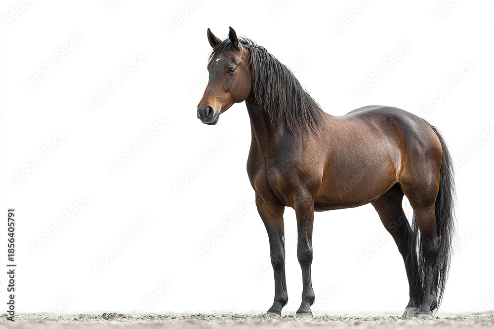 Obraz premium Brown horse with shiny coat and long black mane stands naturally on white background, showing its muscular body and calm expression in bright lighting