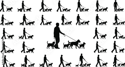 Walking dog silhouettes, people walking dogs on leash set, man woman with pets icon collection, animal walker outdoors activity, professional pet service vector illustration,
