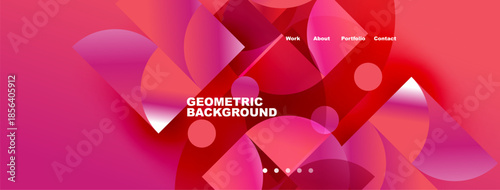 Abstract geometric background. Pink, purple hues blend. Website navigation visible work, about, portfolio, contact. Modern design elements present.