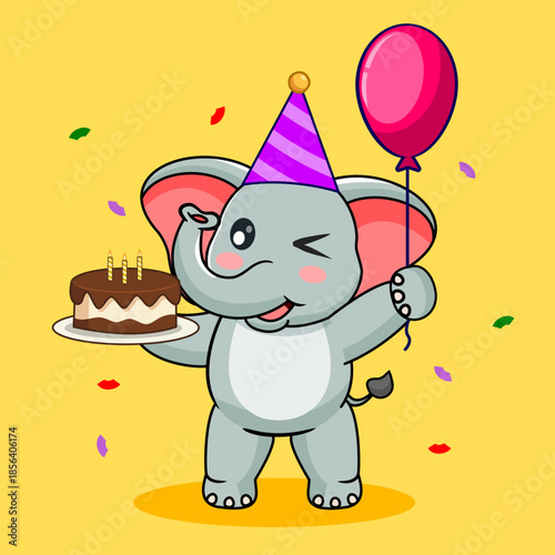 Cute Elephant Wearing Party Hat and Holding Birthday Cake and Balloon Vector Illustration Cartoon Design