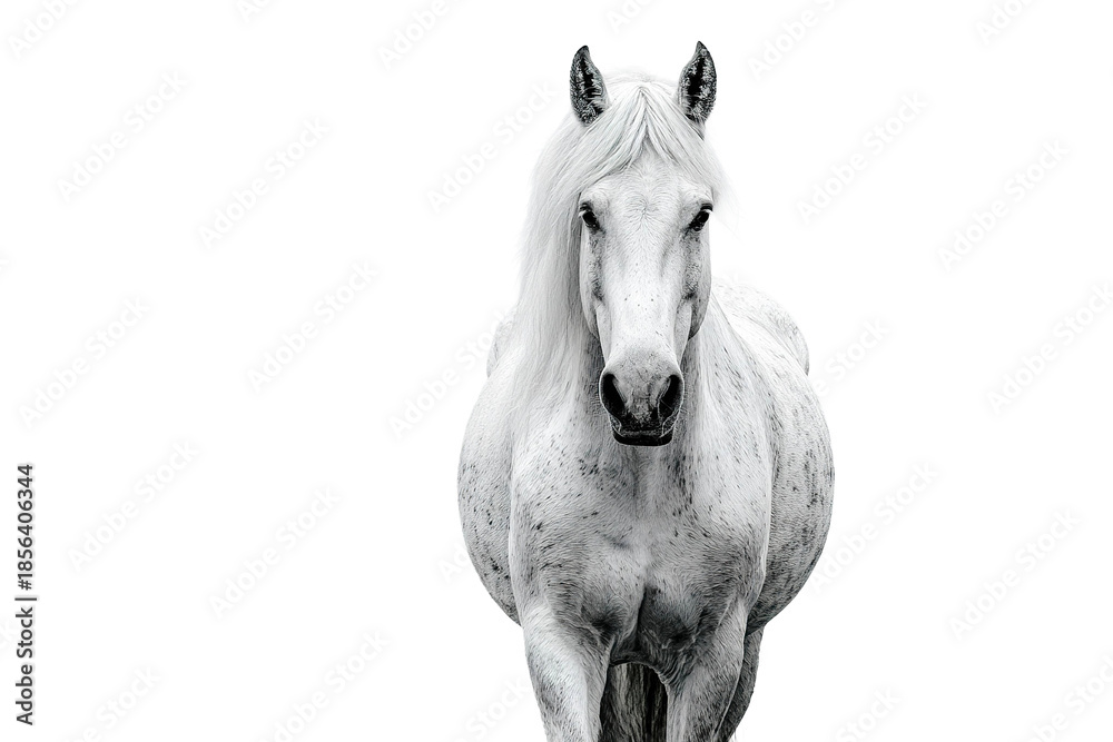 Obraz premium White horse animal mammal equine isolated front view standing white coat mane portrait domestic nature outdoors beauty power strength wild freedom hoof stallion pony grazing farm countryside
