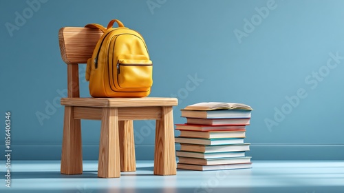 A yellow backpack on a wooden chair next to a stack of books against a blue wall