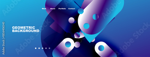 Abstract geometric shapes, vibrant blue hues dominate design. Website header includes navigation options work, about, portfolio, contact.