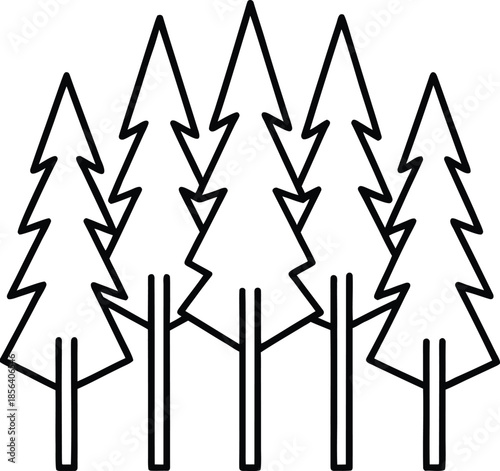 Minimalist forest line art vector with thin black outlines of evergreen trees