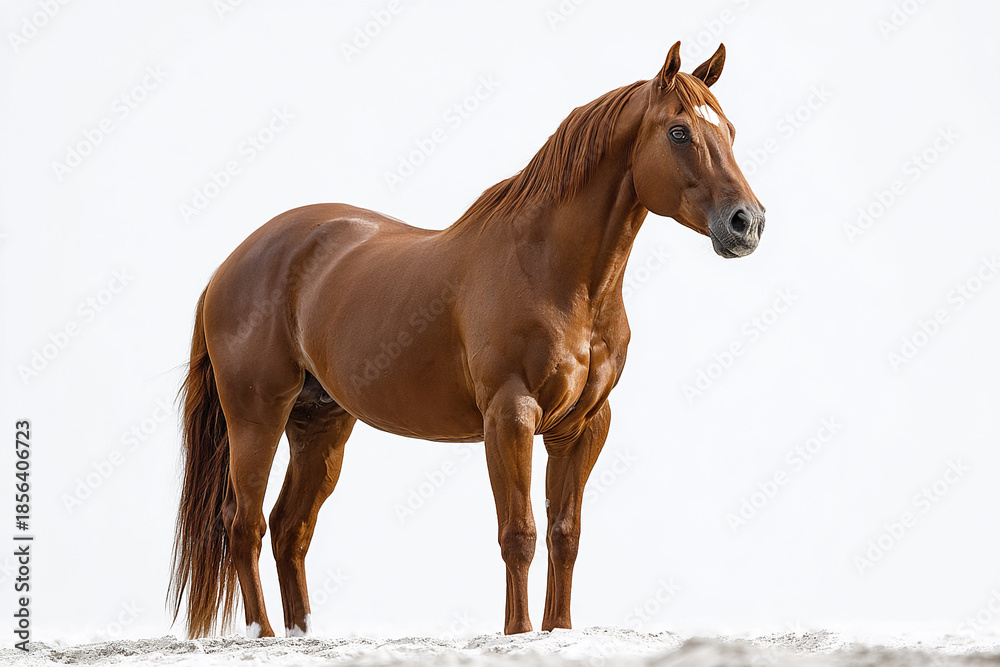 Obraz premium Chestnut horse standing with muscular build and shiny coat on white background, showing strength and elegance in calm pose