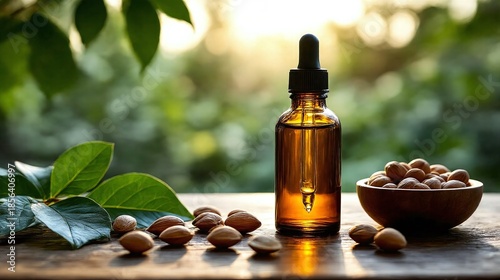 Glass dropper bottle with natural extract or essence like nut oil 