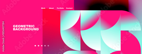 Bright pink header with white text. Abstract geometric shapes overlap, creating vibrant visual effect. Dots indicate navigation options.