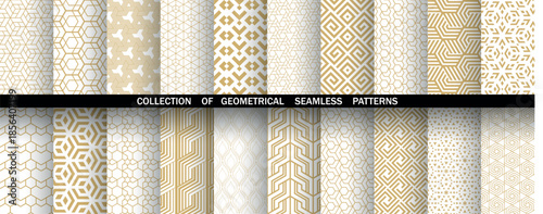 Geometric set of seamless golden and white patterns. Simple vector graphics