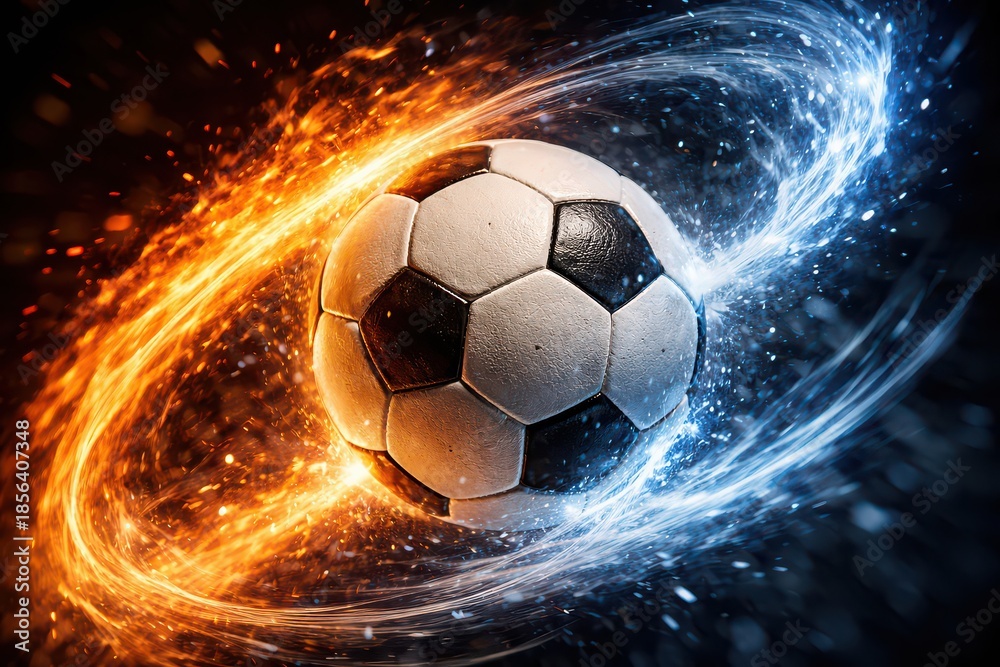 Fototapeta premium Soccer ball surrounded by swirling fire and ice energy streams