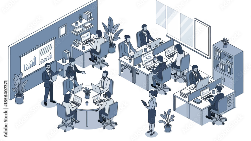 Obraz premium Isometric Office Space with Employees and Meeting Areas.