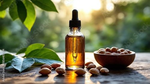 Glass dropper bottle with natural extract or essence like nut oil 