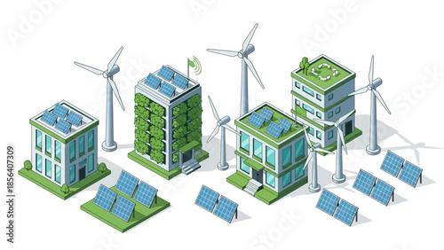 Isometric Green Energy Buildings and Wind Turbines for Sustainable Future.