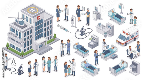 Isometric Hospital Scene with Medical Staff and Equipment.
