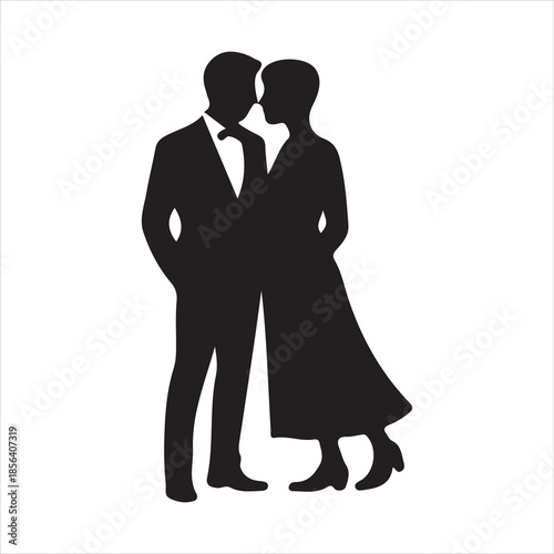 Full body silhouette of a wedding couple in formal wear, Romantic bride and groom standing together, Man in tuxedo and woman in dress silhouette illustratio