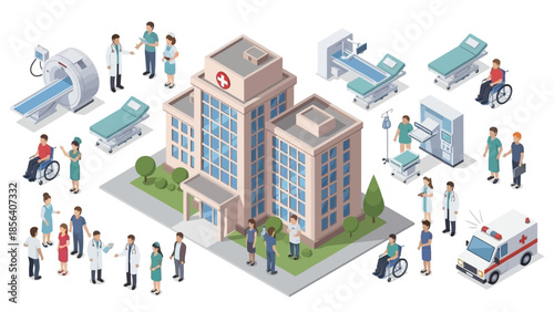 Isometric Hospital Scene with Medical Staff and Equipment.