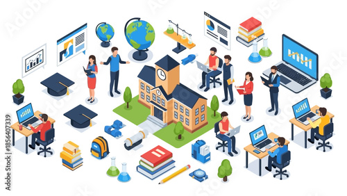 Isometric Illustration of Education and Learning Environment with Students and School Building.